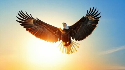 Fototapeta premium Majestic eagle soaring against a vibrant blue sky at golden sunset