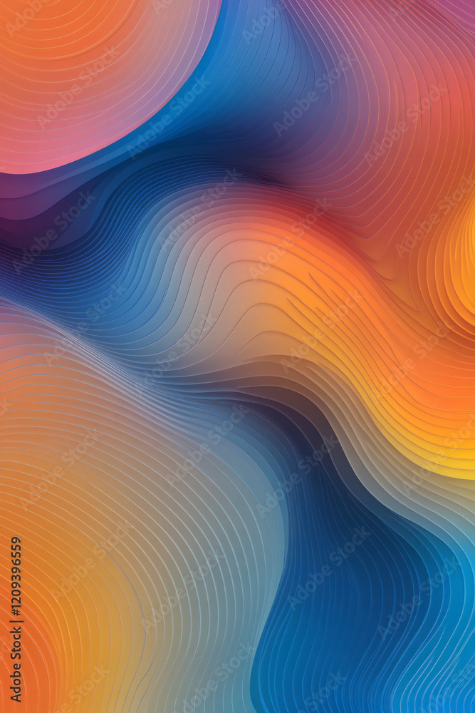 Poster An elegant digital pixel pattern featuring smooth radiant circular gradients in a blend of neon orange and blue tones, enhancing visual harmony,
