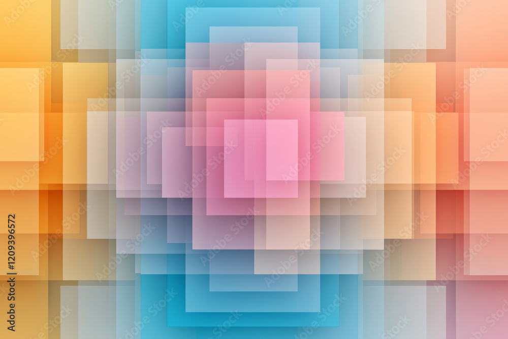Aufkleber A dynamic abstract 3D geometric structure composed of stacked squares in vibrant red, blue, and yellow colors, creating a visually striking pattern,