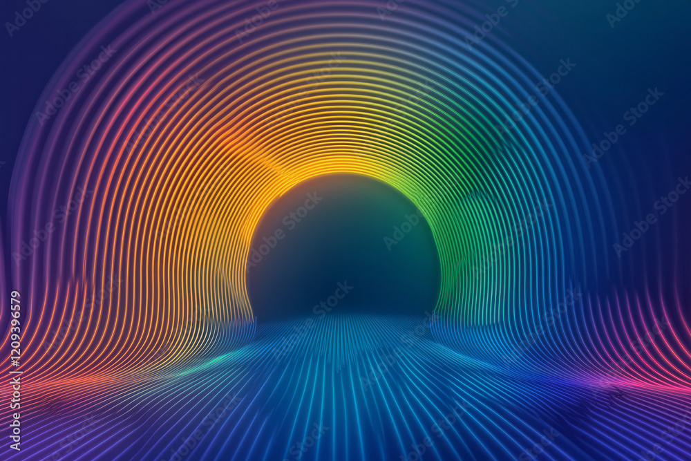 Poster A futuristic digital artwork of colorful pixelated patterns with radiant circular gradients in neon blue and green, emphasizing depth and complexity,