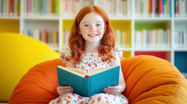 Cheerful redhead girl reading a book in a colorful library setting