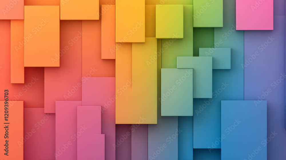 Poster a sleek abstract 3d structure with stacked squares in bold colors like crimson, sapphire, and lime g