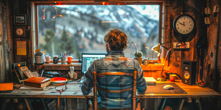 A man works from home with a view of nature outside an open window. The concept of remote work, freelancing