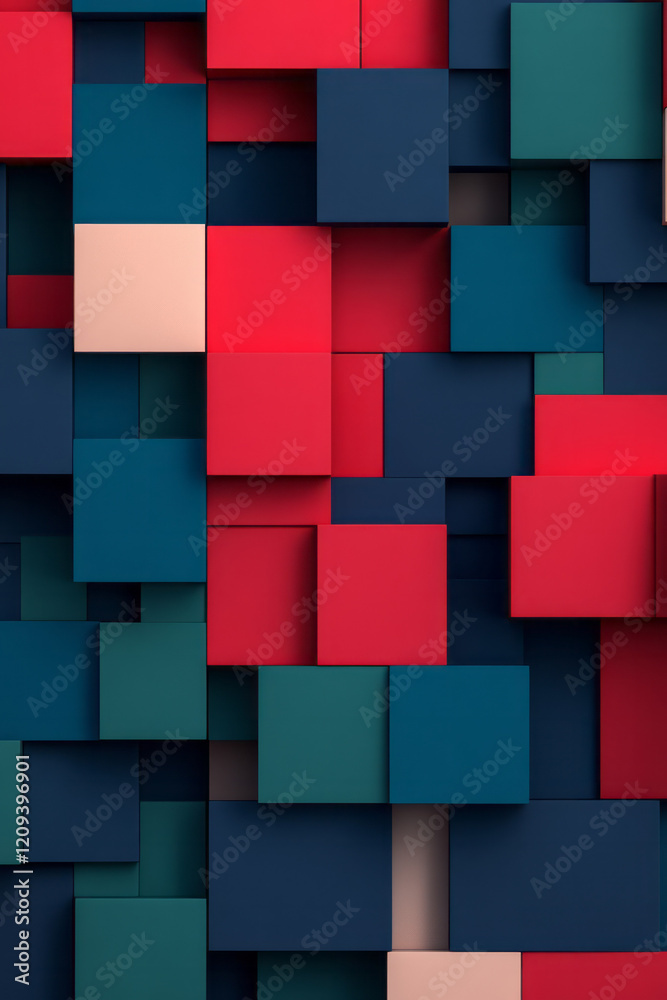 Poster a bold abstract 3d geometric pattern of stacked squares in vibrant shades of red, blue, and green, e