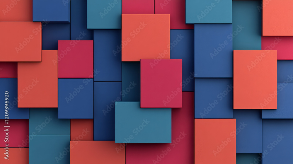 Aufkleber an artistic abstract 3d geometric design featuring stacked squares in vibrant hues of coral, indigo,