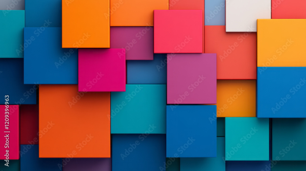Leinwandbilder A captivating abstract 3D geometric arrangement of stacked squares in vibrant colors such as ruby red, sapphire blue, and emerald green, creating a dynamic pattern,