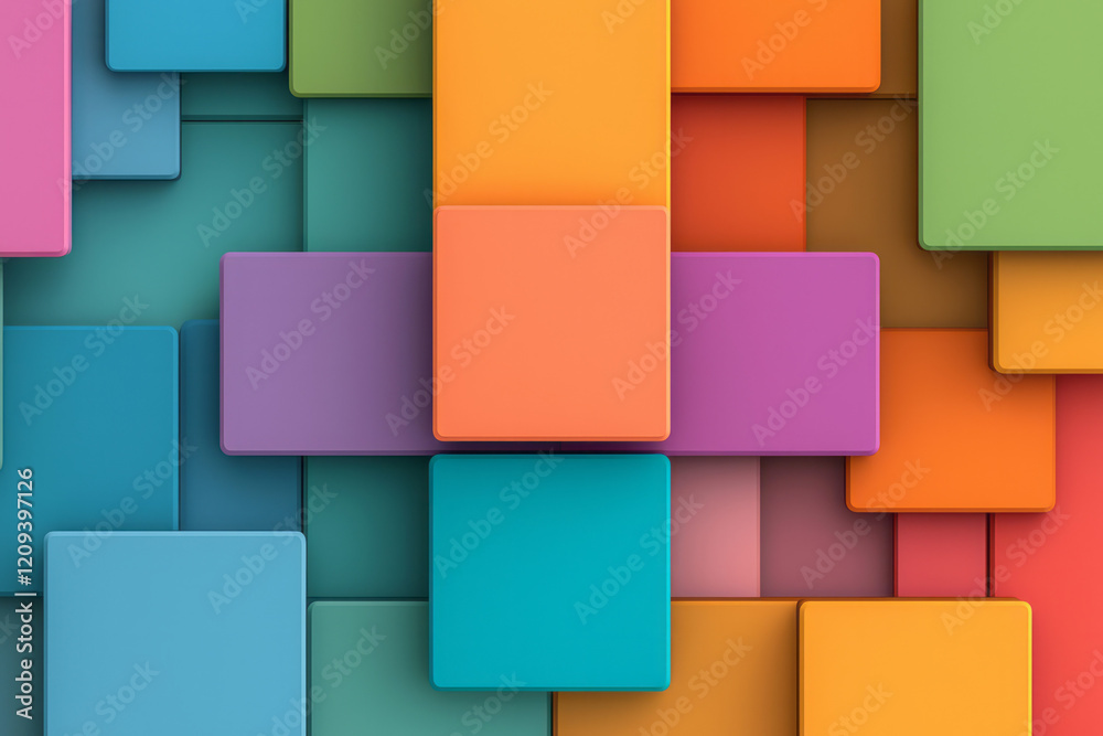 Aufkleber A dynamic abstract 3D geometric pattern featuring stacked squares in radiant colors like crimson, turquoise, and lime green, creating an eye-catching design,
