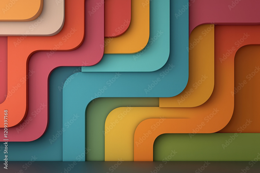 Aufkleber A dynamic abstract 3D geometric pattern featuring stacked squares in radiant colors like crimson, turquoise, and lime green, creating an eye-catching design,