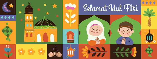 Hari Raya Idul Fitri Eid Mubarak in geometric style with cute characters-