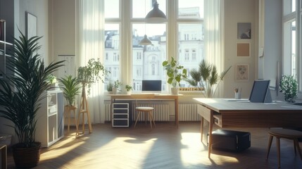Fototapeta premium A bright coworking space with clean wooden desks, artistic decor, and a panoramic view from oversized windows. The minimalist design emphasizes simplicity and comfort.