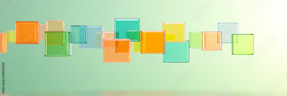 Poster A modern abstract scene featuring brightly colored glass squares floating against a softly focused green background, blending nature and design,