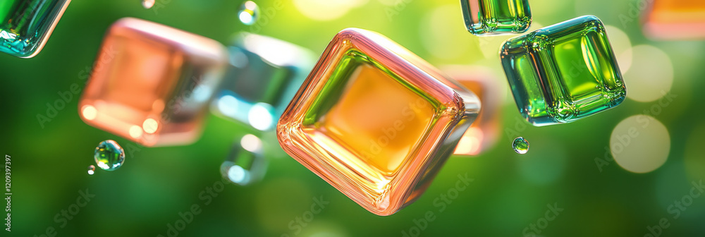 Poster a modern abstract scene featuring brightly colored glass squares floating against a softly focused g