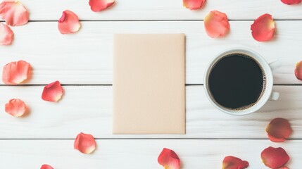 Cozy morning with coffee and rose petals flat lay for romantic design