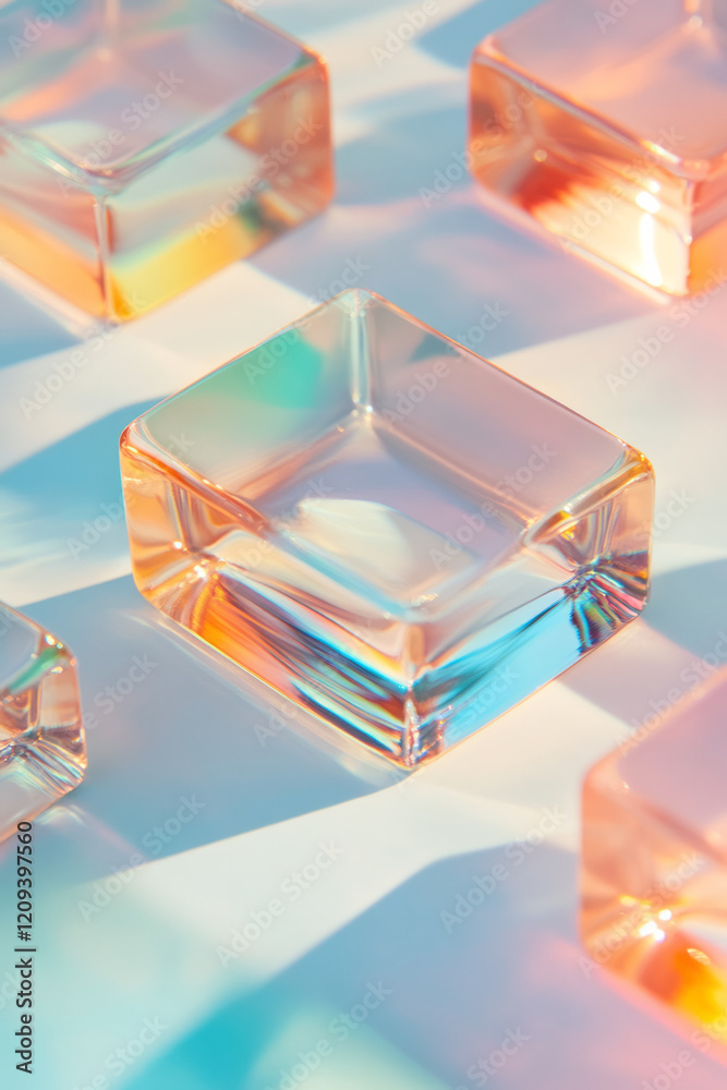 Poster a peaceful abstract artwork showcasing floating glass squares in rich colors with a soft-focused bac