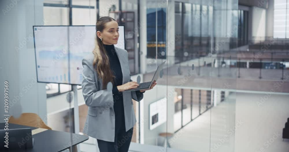 Poster focused caucasian female standing and using a laptop computer to prepare for an important presentati