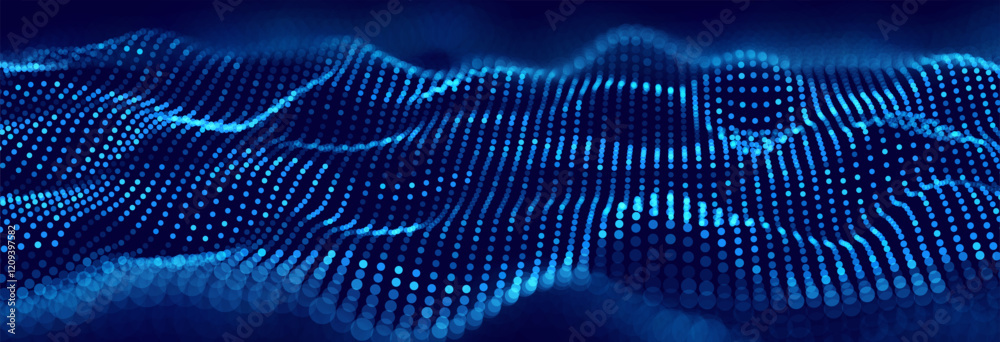 Fototapete Blue Abstract Technology Digital Data Flow Wavy Lines Background. Big Data Flow Cyber Particles Bokeh. Digital Neural Network. Concept of AI Artificial Intelligence Vector Illustration.