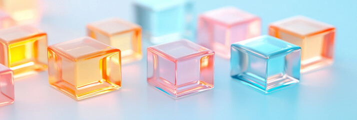 Fototapeta premium A dynamic scene of colorful glass squares gently floating with a soft focus, creating a sense of movement and fluidity in the composition,