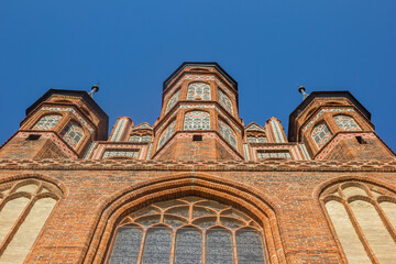 Facade of the historic St. Mary church in Torun, Poland