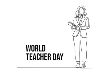 simple continuous line draw of full body female teacher carrying documents. Teachers day minimalist concept. School activity.