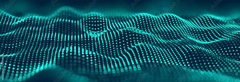 Poster Blue Abstract Technology Digital Data Flow Wavy Lines Background. Big Data Flow Cyber Particles Bokeh. Digital Neural Network. Concept of AI Artificial Intelligence Vector Illustration.