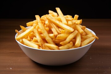 French fries overflowing a white bowl on a wooden table with a dark background