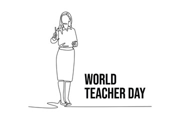 simple continuous line draw of The female teacher looks full body teaching in class. Teachers day minimalist concept. School activity.