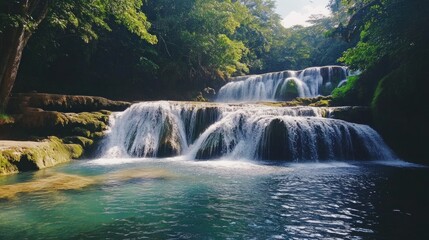 Fototapeta premium Serene Cascading Waterfall in Lush Green Forest