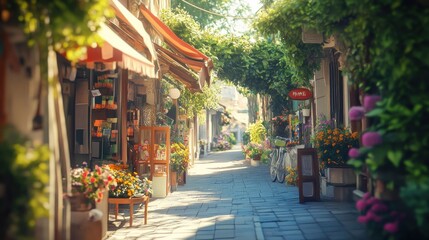Fototapeta premium Charming street with vibrant flowers and quaint shops under soft sunlight.