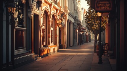 Obraz premium Charming street with vintage architecture and soft golden sunlight at dusk.