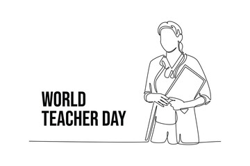 simple continuous line draw of a young female teacher carrying some books. Teachers day minimalist concept. School activity.