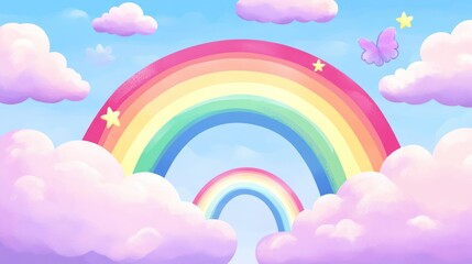 Pastel seamless pattern with rainbows and clouds. Childish cute graphic. Vector hand drawn illustration