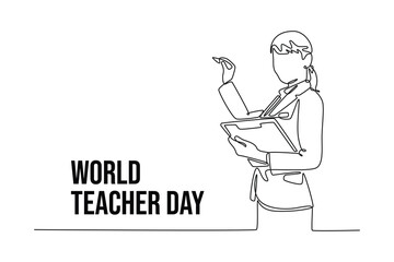 simple continuous line draw of an elegant female teacher in neat clothes is teaching. Teachers day minimalist concept. School activity.