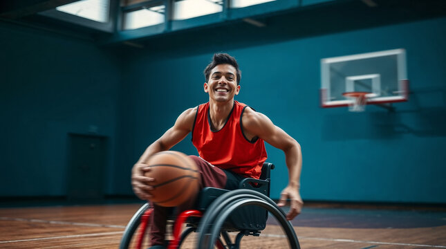 Adaptive basketball player from Tuscaloosa, United States. Cheerful boy with physical disability playing adaptive basketball in a wheel chair