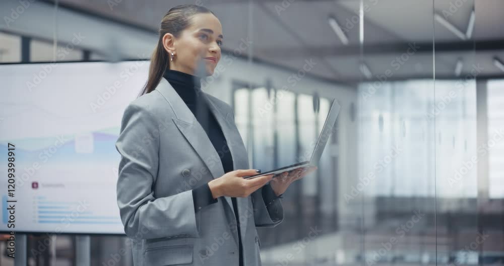 Aufkleber Portrait of a Beautiful Caucasian Manager Reviewing Sales Reports on Laptop Computer in an Office. Young Female Browsing Data to Identify New Commercial Opportunities in a Modern Workspace