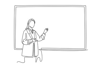 simple continuous line draw of female teacher explains learning on the blackboard. Teachers day minimalist concept. School activity.