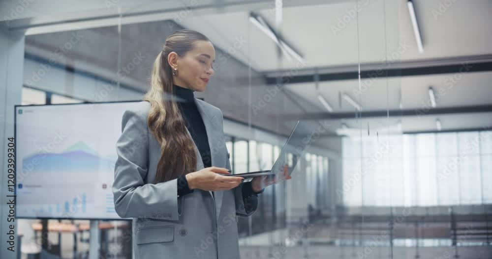 Poster elegant caucasian woman standing next to a glass wall in office, checking emails and scheduling appo