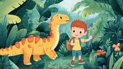 Fototapeta premium Seamless pattern cute kids with dinosaurs in the forest hand drawn vector illustration