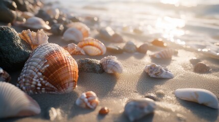 Close-up of colorful seashells resting on wet sandy shore under soft sunlight.