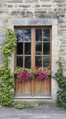 French country stone house, wooden door, flowers, ivy