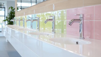 Modern pastel bathroom sinks, public restroom, clean design