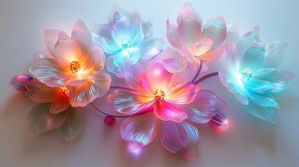 A collection of glowing flowers with vibrant luminous petals radiating soft light, arranged on a pristine white background with intricate details. 8k UHD, suitable for high-quality printing 