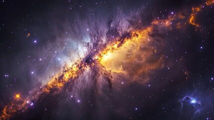 Naklejka premium Stunning Cosmic View of a Vibrant Galaxy with Fiery Orange and Yellow Colors Set Against a Dark Infinite Space Full of Stars and Bright Celestial Bodies