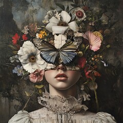 Enigmatic Woman with Butterfly Mask: Surreal Floral Art