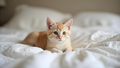 Lindo gato en una cama de sábanas blancas suaves y sedosas