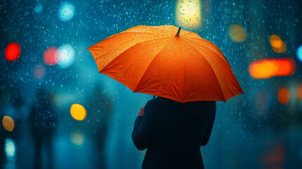 Person with orange umbrella in rain