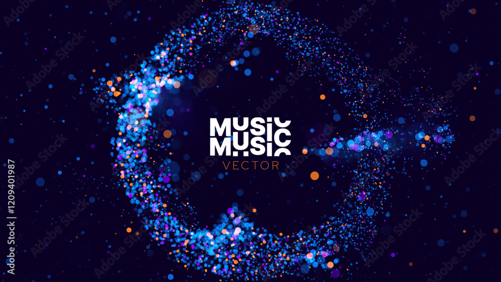 Poster Particles Circle Frame. Particles Shockwave Explosion Effect on Dark Background. Digital Explosion. Radial Sound Explosion Wave Music Visualization. Colorful Equalizer Background. Vector Illustration.