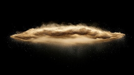A shimmering cloud of golden glitter dust cascading gracefully against a deep black background, symbolizing luxury and celebration. The fine particles sparkle vividly,