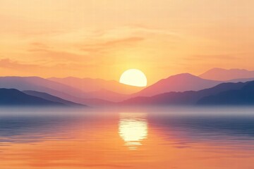 Fototapeta premium Serene Sunset Over Mountains and Calm Water