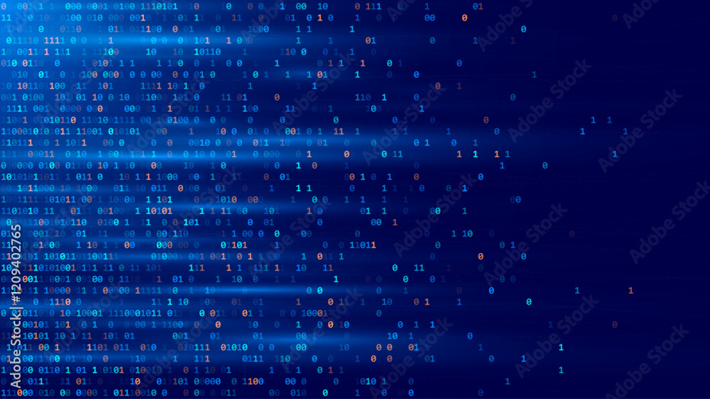 Fototapete Blue Binary Data Software Programming Code Background. Random Parts of Program Code. Digital Data Technology Concept. 1 0 Machine Code. Random Binary Data Matrix Wide Vector Illustration.