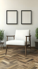 White chair, frames, plants, wood floor, room